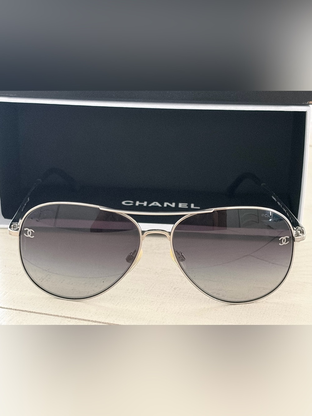 CHANEL Silver Frame Aviator Sunglasses with Gray Gradient Lenses